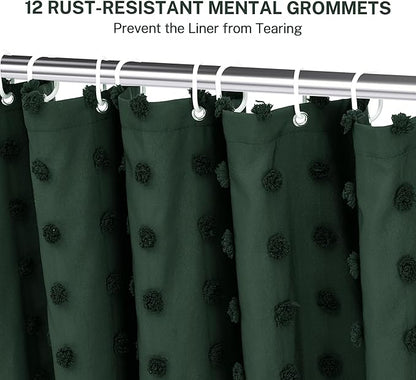 Extra Long Boho Farmhouse Woven Fabric Dark Green Shower Curtain, 72 x 78 Tufted Pleat Floral Puffs Textured Modern Farmhouse Minimalist Hunter Green Shower Curtain for Bathroom