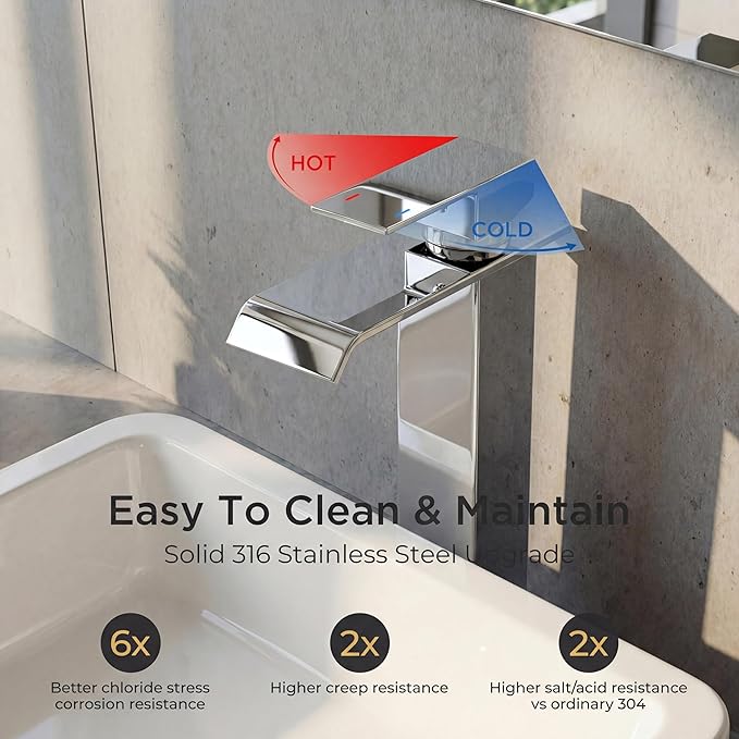 Forious Vessel Bathroom Sink Faucets 1 Hole Chrome, Tall Waterfall Bathroom Faucet Single Handle with Pop Up Drain and Supply Lines for Bowel Sink, Deck Mount