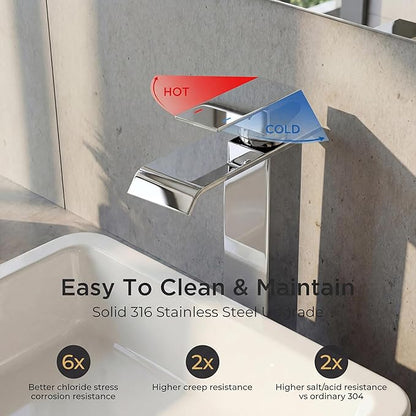 Forious Vessel Bathroom Sink Faucets 1 Hole Chrome, Tall Waterfall Bathroom Faucet Single Handle with Pop Up Drain and Supply Lines for Bowel Sink, Deck Mount