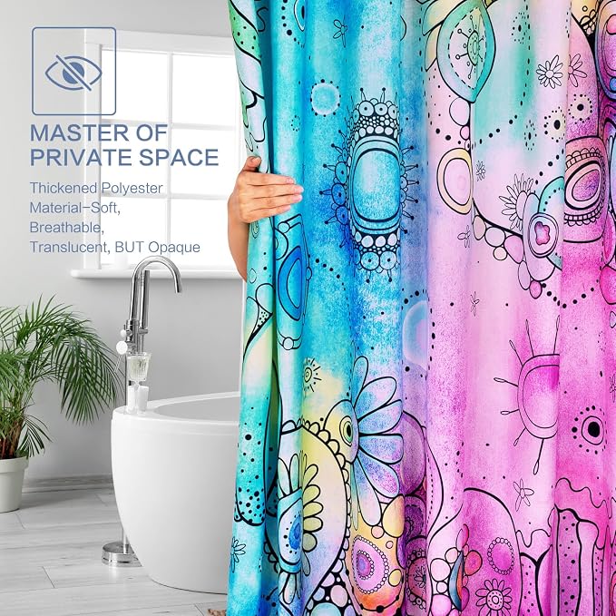 Watercolor Shower Curtain, Doodle Painting Shower Curtain Waterproof Shower Curtain Sets for Bathroom with 12 Hooks Polyester Fabric Machine Washable Home Office Decor Bath Curtain