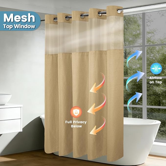 EUTXL Heavyweight Waffle No Hook Shower Curtain with Liner, Beige, 71x74 | Snap in Liner, 256GSM, Thick, Hotel Luxury Spa, Waterproof Fabric, Corner Magnets, 3 in 1 Set, Washable, Hang in Seconds