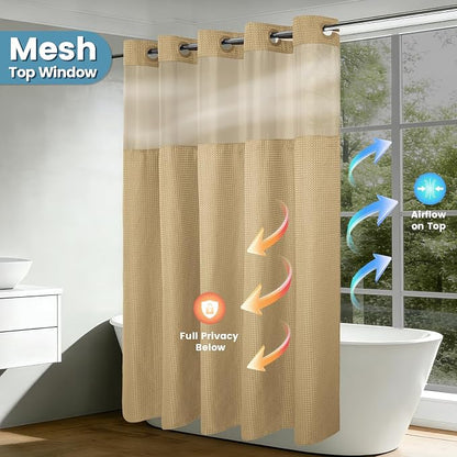 EUTXL Heavyweight Waffle No Hook Shower Curtain with Liner, Beige, 71x74 | Snap in Liner, 256GSM, Thick, Hotel Luxury Spa, Waterproof Fabric, Corner Magnets, 3 in 1 Set, Washable, Hang in Seconds