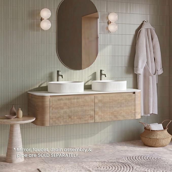 60" Preassembled Double Floating Bathroom Vanity with White Sink, Oak | Mid-Century Modern Style, Fluted & Soft-Close Drawer with U-shaped Wall, Sinterted Stone Countertop, Towel Rack Included