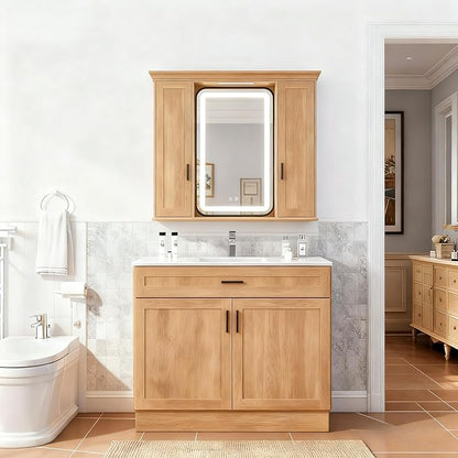 36 Inch Bathroom Vanity with Sink, Farmhouse Style Natural Wood Grain, Double Door Open Storage, Thickened Material & Sturdy Frame, Freestanding Ceramic Sink Vanity(Natural Oak)