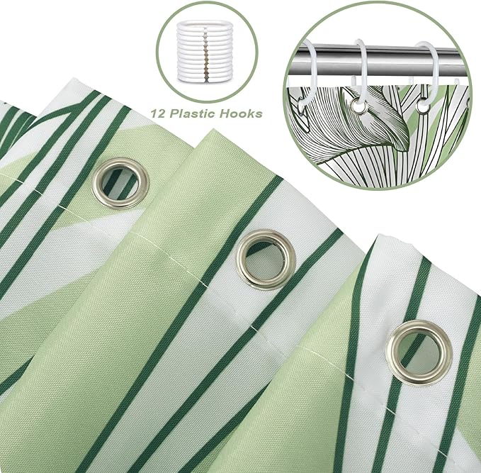 Tropical Leaves Shower Curtain, Green Palm Leaf Botanical Summer Shower Curtain for Bathroom, Waterproof Polyester with 12 Hooks, 72 x 72 Inches