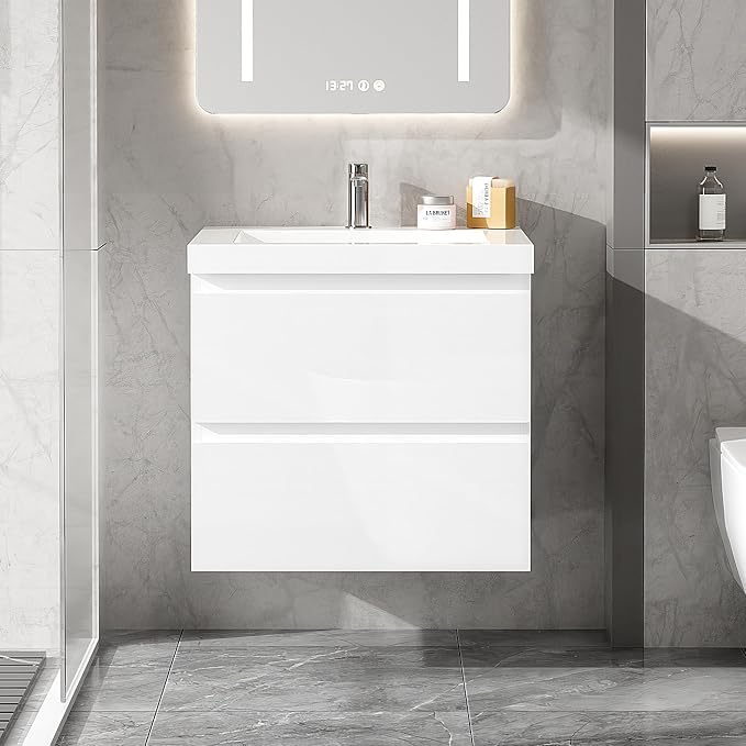 24 Inch Floating Bathroom Vanity with Sink, Large Storage Wall Mounted Floating Vanity with Soft Close Drawers, One-Piece Basin Bathroom Sink Cabinet (Glossy White, 24 Inch)