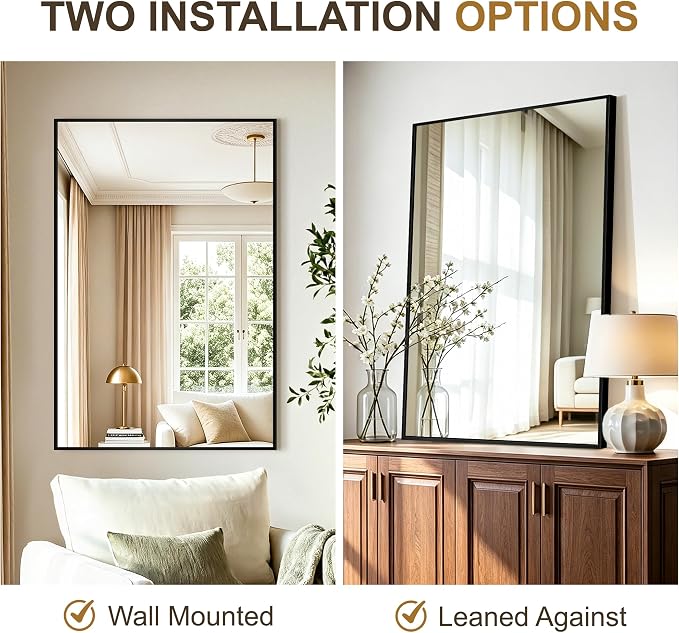 Rectangular Bathroom Mirror, 36"x24" Black Metal Framed Vanity Mirror | HD Shatterproof Wall Mirror, Horizontal or Vertical Hanging, Easy Installation for Bathroom, Bedroom, Living Room, Entryway