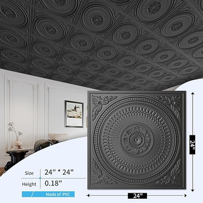 Art3d 12-Pack 2 x 2 ft Drop Ceiling Tiles for Interior Decor, Black | PVC, Waterproof, Lightweight, Shatterproof, Anti-Fade, Compatible with Grid System, Ideal for Kitchen, Bathroom, Basement