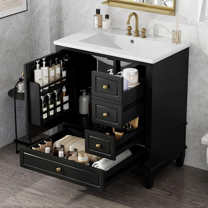 Bathroom Vanity with Ceramic Sink 30 Inch, Cabinet with One Door and Three Drawers, Soft-Closing Door, Solid Wood Legs, Black