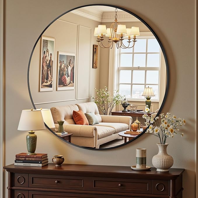 Antok 20 Inch Round Mirror for Wall, Round Bathroom Mirror, Circle Wall Mirrors with Black Metal Frame, Circle Mirrors Suitable for Wall, Bathroom, Vanity, Living Room, Entryway