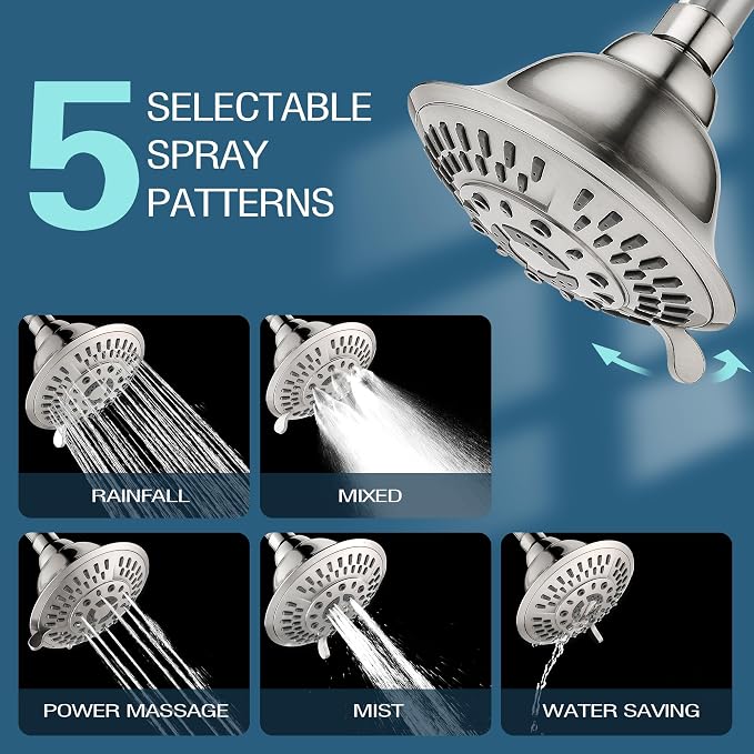 BRIGHT SHOWERS High Pressure Rain Shower Head, Fixed Shower Head with 5 Spray Settings, Adjustable Angle and Anti-Clog Nozzles, Brushed Nickel