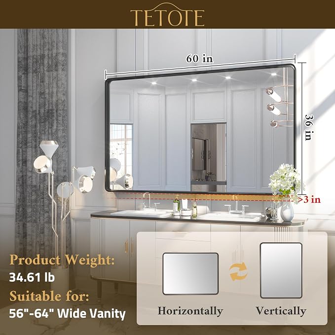 White Framed Mirror for Bathroom 60 x 36 Metal Frame Wall Mounted Rectangle Mirror for Vanity with Sandy Textured Surface(Horizontal/Vertical)