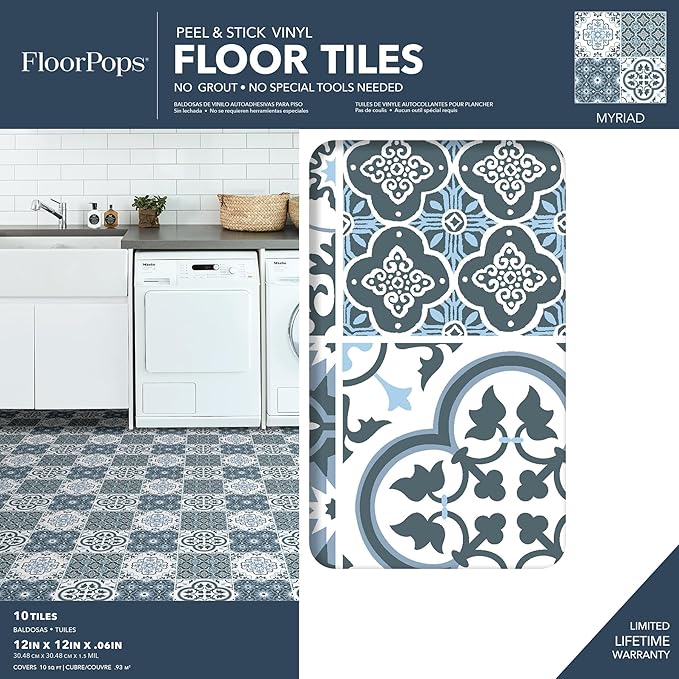 FloorPops FP2951 Myriad Peel & Stick Floor Tiles, Blue