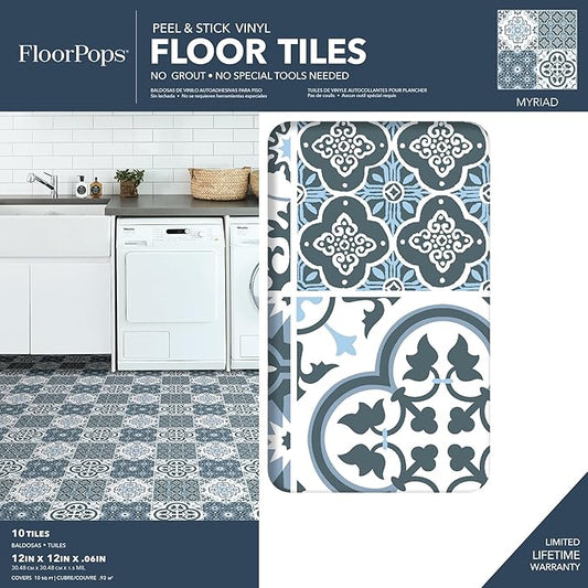 FloorPops FP2951 Myriad Peel & Stick Floor Tiles, Blue