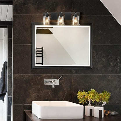 Globe Electric 51852 3-Light Vanity Light, Bathroom Wall Fixture, Matte Black and Dark Faux Wood Finish, Clear Seeded Glass Shades, E26 Base, Dimmable