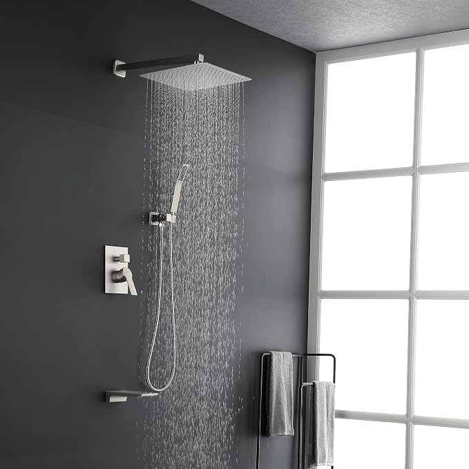 SHAMANDA Shower System with Waterfall Tub Spout and Handheld Shower Head, 12" Rain Shower Faucet Sets Complete with Shower Round-in Valve and Trim Wall Mount, Brushed Nickel, L101-2