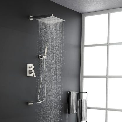SHAMANDA Shower System with Waterfall Tub Spout and Handheld Shower Head, 12" Rain Shower Faucet Sets Complete with Shower Round-in Valve and Trim Wall Mount, Brushed Nickel, L101-2