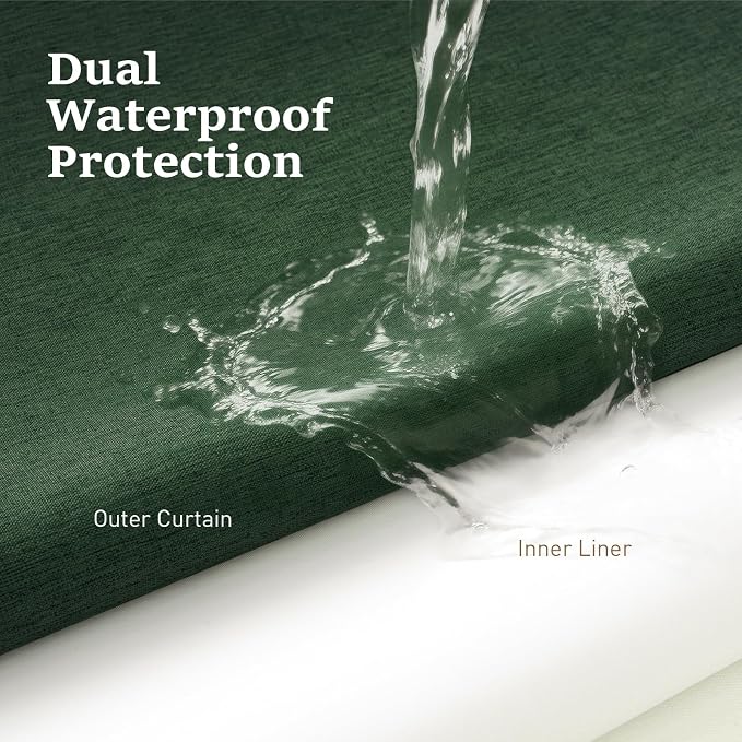 Emerald Green Ringless Linen Look Shower Curtain with Snap Liner 72x75 | 3 in 1 Modern Shower Curtain Set, Removable Liner, Waterproof & Washable, Mesh Top Window, Durable Fabric, Easy to Install