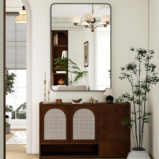 Easly 30 x 48 Inch Bathroom Mirror, Rounded Rectangular Vanity Mirror for Wall, Modern Mirror for Room Decor, Black Framed Wall-Mounted Mirrors for Home Decor, Hangs Horizontally or Vertically