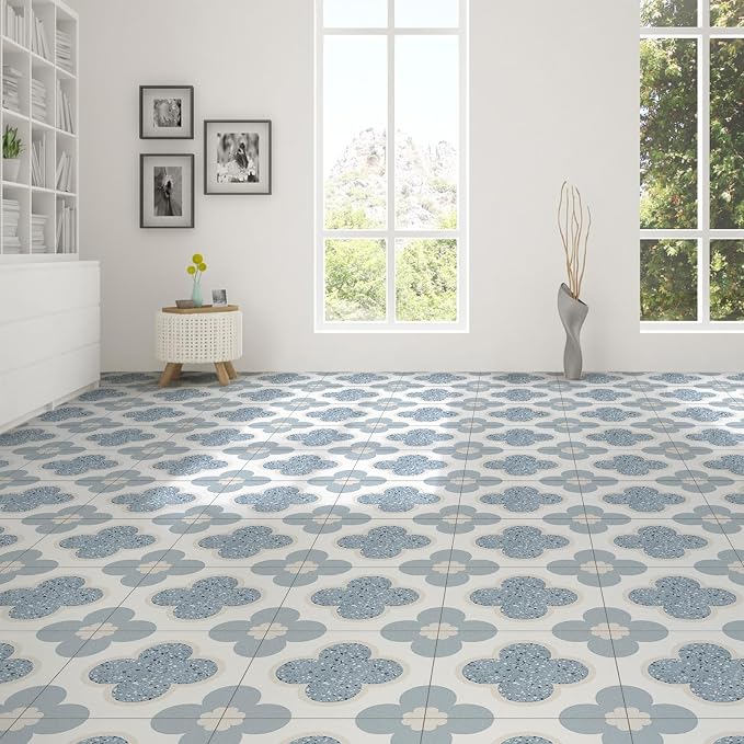 Peel & Stick Floor Tiles Self Adhesive Vinyl Flooring 11.8" x 11.8", DIY Tile Stickers for Kitchen Living Room Waterproof Removable Terrazzo Look Blue PP Material 10 Sheets