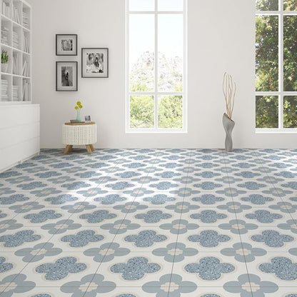 Peel & Stick Floor Tiles Self Adhesive Vinyl Flooring 11.8" x 11.8", DIY Tile Stickers for Kitchen Living Room Waterproof Removable Terrazzo Look Blue PP Material 10 Sheets