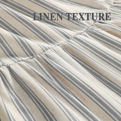 Farmhouse Shower Curtain Ruffle Linen Cream-Grey Stripe 72"W x 84"L | Farmhouse Boho, Striped, Bottom Ruffle, Linen Fabric, Rustic, Country, Natural Look, Washable, for Bathroom Bathtub