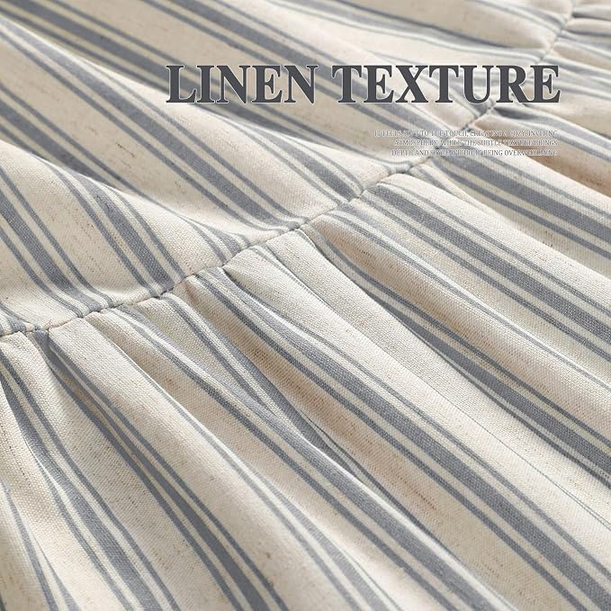 Farmhouse Shower Curtain Ruffle Linen Cream-Grey Stripe 72"W x 78"L | Farmhouse Boho, Striped, Bottom Ruffle, Linen Fabric, Rustic, Country, Natural Look, Washable, for Bathroom Bathtub