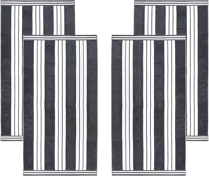 Superior Oversized Cotton Beach Towel Set of 4, Absorbent Towels For Bathroom, Beach, Pool, Swim, Adults, Kids, Vacation, Travel, Bath Sheet, Quick Dry Basics, Trip Essentials, Striped Decor, Charcoal