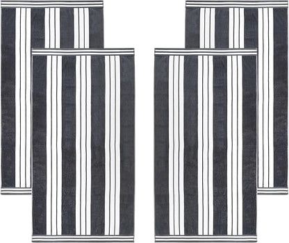 Superior Oversized Cotton Beach Towel Set of 4, Absorbent Towels For Bathroom, Beach, Pool, Swim, Adults, Kids, Vacation, Travel, Bath Sheet, Quick Dry Basics, Trip Essentials, Striped Decor, Charcoal