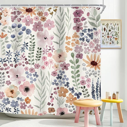 Extra Long Cute Floral Flower Watercolor Rustic Bathroom Shower Curtain Set | 72"W x 78"H Botanical Girls; waterproof HD print, quick-dry fabric with 12 hooks for easy hanging.