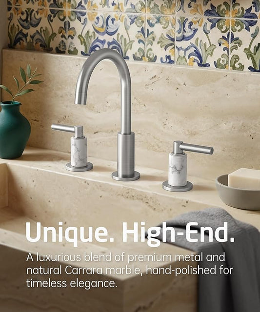KES Natural Italian Carrara Marble Brushed Nickel Bathroom Faucet 3 Hole with All Metal Pop Up Sink Drain, 8 Inch Widespread Bathroom Sink Faucet for Vanity, 360° Swivel Spout, 18/8 Stainless Steel