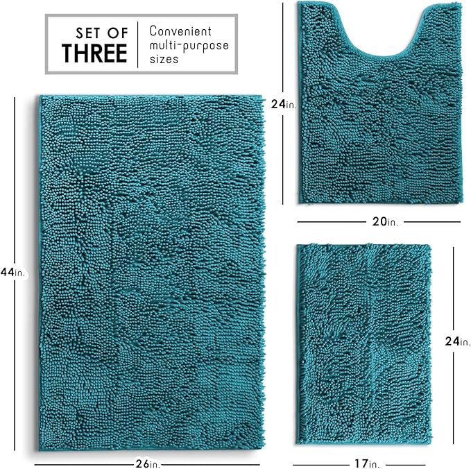 Hearth & Harbor Bathroom Rugs, Chenille Bath Mat - Machine Washable Bath Mats for Bathroom Non-Slip Backing Rubber, Quick Dry Mat - Teal Blue Bath Rug, 17x24-26x44-20x24