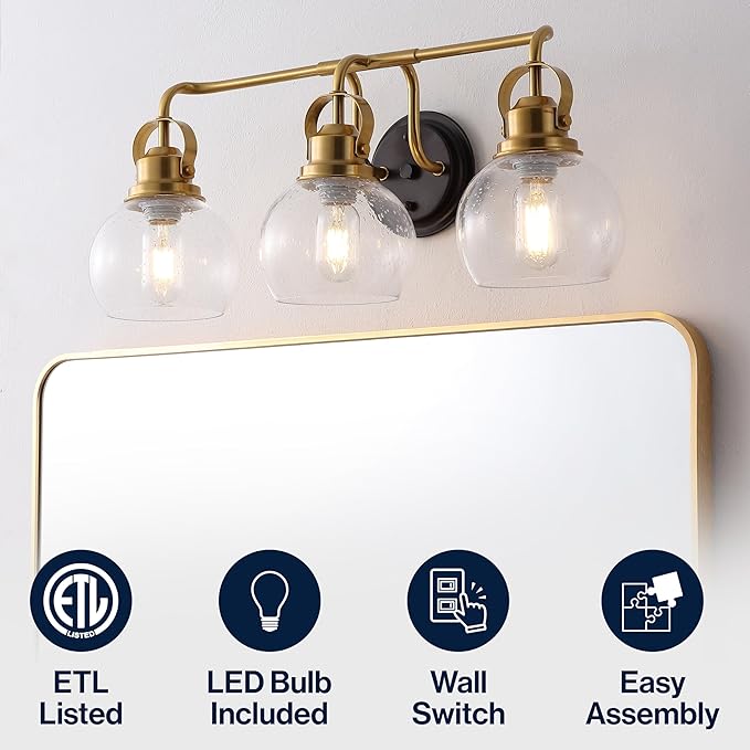 JONATHAN Y 24" Brass Gold/Oil Rubbed Bronze Shirley 3-Light Bathroom Vanity Light, Metal Wall Sconce, Clear Seeded Glass Shade, Modern Transitional Farmhouse Fixture, LED Bulbs Included (JYL7405B)