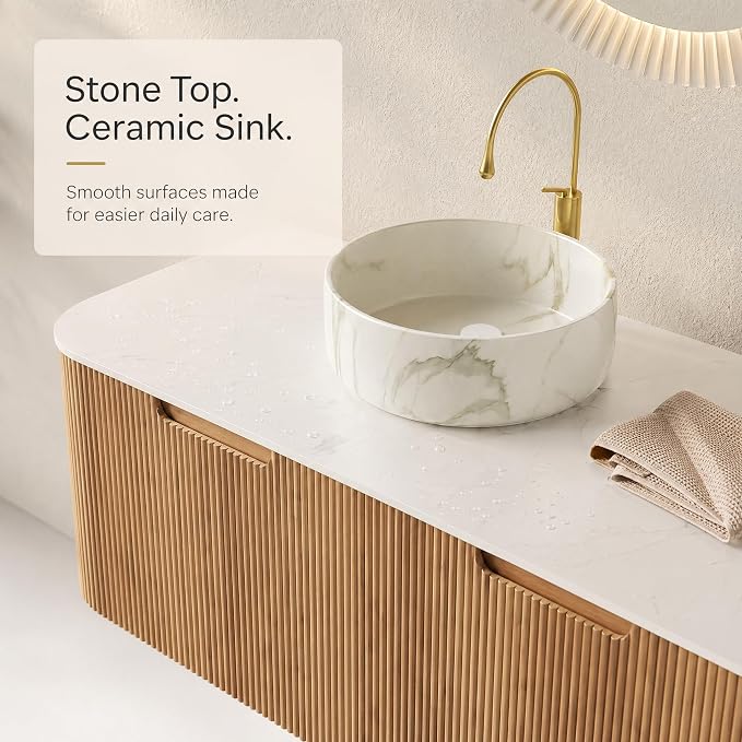 48 Inch Bathroom Vanity with Sink, Floating Wall Mounted Single Sink Vanity, Natural Woodgrain Curved Fluted Front, Stone Top, Marble-Look Round Vessel Basin, Pre-Assembled