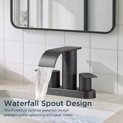 FORIOUS Bathroom Faucet 4 Inch Centerset 2 Hole Waterfall Oil Rubbed Bronze | Bathroom Sink Faucet 2 Handles with Pop up Drain and cUPC Hose, Lead-Free, Suitable for RV Vanity Lavatory and Restroom