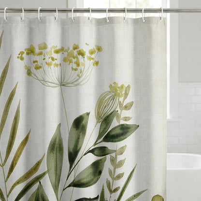 Americanflat 71x74 Botanical Shower Curtain - Water-Resistant Long Shower Curtain with Durable Metal Grommets and 12 Hooks - 100% Polyester - Ivory, Muted Yellow and Green Bathroom Curtains