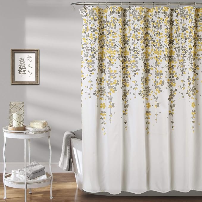 Lush Decor Weeping Flower Shower Curtain 72"W x 72"L Yellow & Gray - Fabric Shower Curtains for Bathroom - Floral Bathroom Curtain - Cottage Core Decor