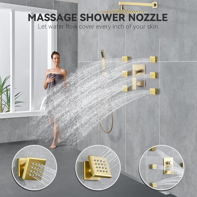 Rain Shower System With Complete 6 Pcs Body Sprays Jets And Pressured Balance Rough-in Valve,12Inch Rainfall Shower Head And Handheld, Modern Brushed Gold Wall Mount Shower Faucets Sets