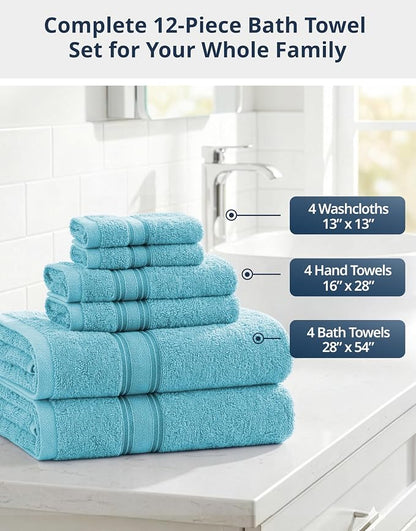 LANE LINEN Bathroom Towel Set 12 Piece Soft Absorbent Quick Dry - Blue | Pack Of Towels - Coordinated Colors, Dobby Border Accent, OEKO-TEX Certified, Zero-Twist Durability, Zero-Twist Cotton