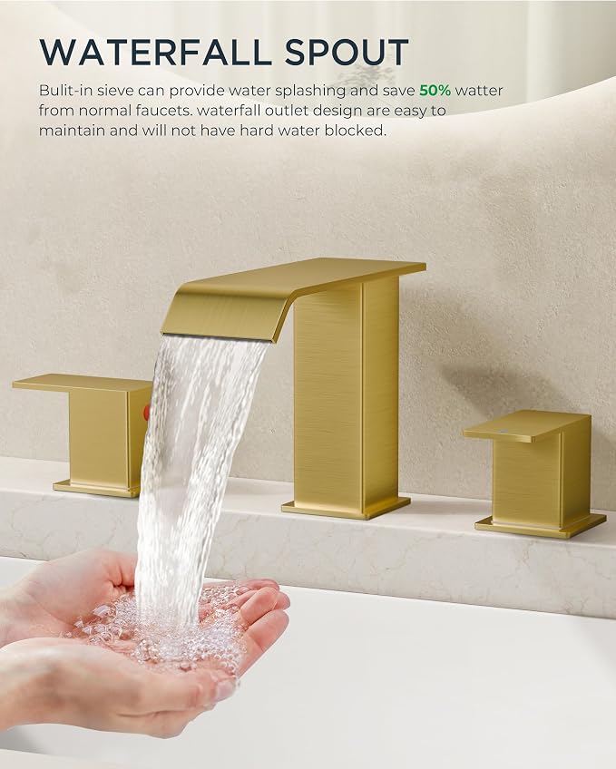 FORIOUS Bathroom Sink Faucets 3 Hole 2 Pack 8 Inch Widespread Brushed Gold | 3-hole 4-12 Inch Widespread Sink, Square Waterfall Spout, with Drain and Hoses,for Vanity Rv Commercial Lavatory Restroom