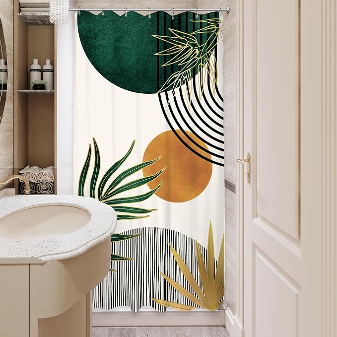 KOMLLEX Small Stall Mid Century Green Boho Half Bathroom Shower Curtain Set | 36Wx72L Abstract S design, waterproof HD print with fast-drying fabric and 12 hooks.