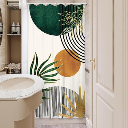 KOMLLEX Small Stall Mid Century Green Boho Half Bathroom Shower Curtain Set | 36Wx72L Abstract S design, waterproof HD print with fast-drying fabric and 12 hooks.