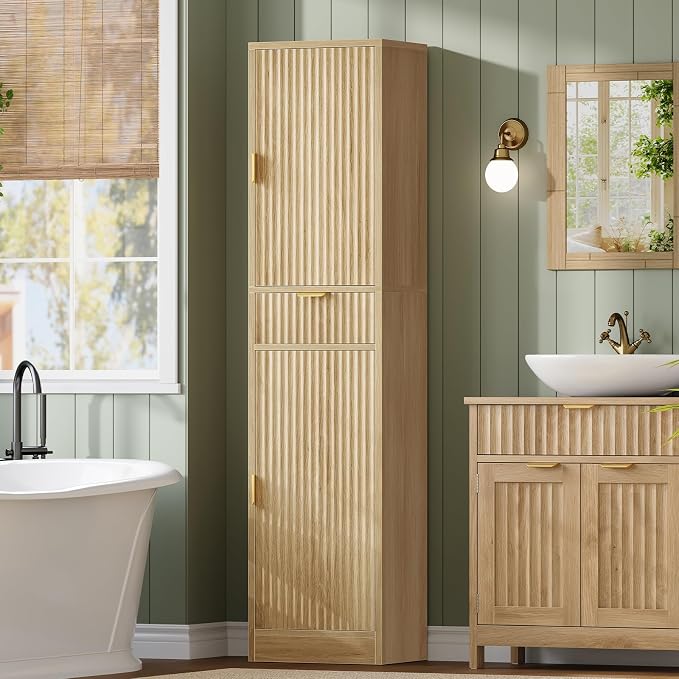 TEENFON 67″ Storage Cabinet with 1 Drawer and 2 Doors,Tall Bathroom Storage Cabinet with Adjustable Shelves, Rattan Fluted Cabinet for Bathroom, Living Room, Kitchen, Natural Oak