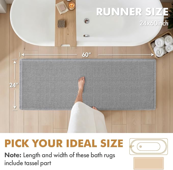 MIULEE Set of 2 Waffle Bathroom Runner Rugs Light Grey 2'x5'(24"x60") | Non Slip, Super Absorbent, Washable, Ultra Soft, Boho Bath Mats for Bathroom Hallway Bedroom Laundry Room Kitchen