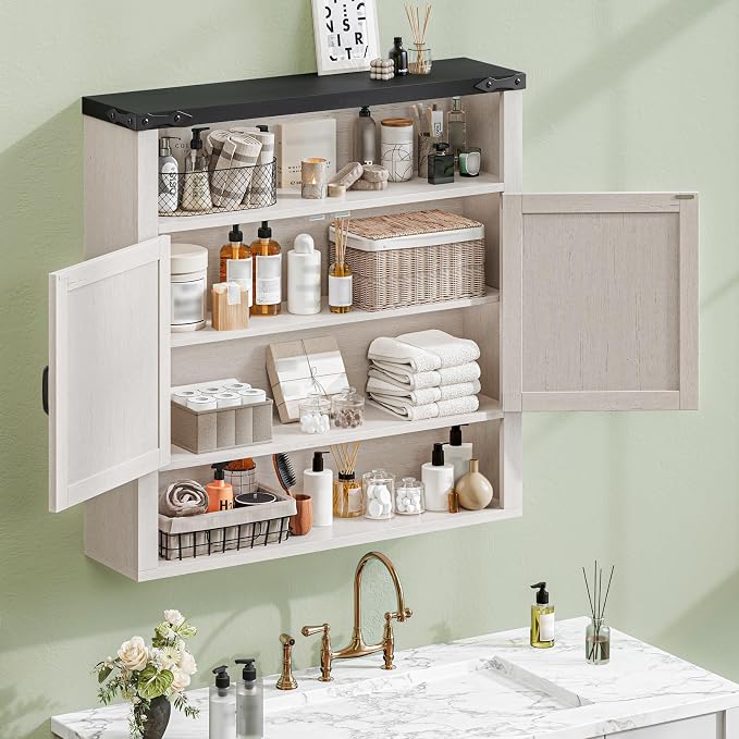 Bathroom Wall Cabinet, Farmhouse Medicine Cabinet with Adjustable Shelves and 2 Barn Doors, Wall Mounted Over the Toilet Storage Cabinet for Bathroom, Laundry Room, Kitchen, Rustic White and Black