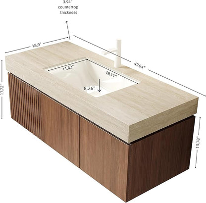 KEIKI 48 Inch Floating Bathroom Vanity with Sink, Modern Wall Mounted Storage Cabinet with Drawer, Pre-assembled Waterproof Wood Panels, Sintered Stone Top & Ceramic Basin Combo Set, Brown Oak & Beige