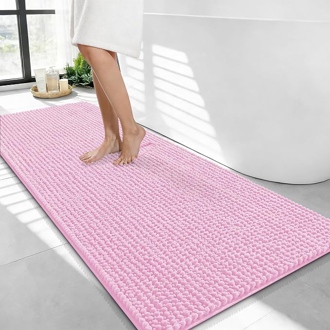 OLANLY Thick Chenille Bathroom Runner Rugs 44x24, Absorbent Bath Mat, Pink | Soft Bath Rugs, Rubber Backing, Machine Wash Dry, Bath Mats for Bathroom, Tub and Shower, Home Decor Accessories