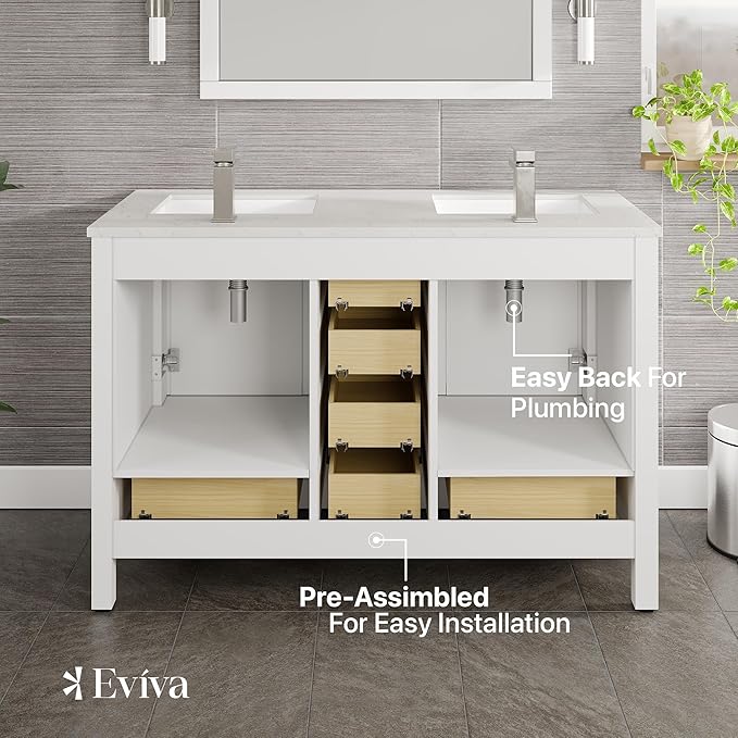 Eviva London 48 in. White Double Sink Bath Vanity with Carrara Quartz Top and Undermount Porcelain Sinks