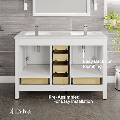 Eviva London 48 in. White Double Sink Bath Vanity with Carrara Quartz Top and Undermount Porcelain Sinks