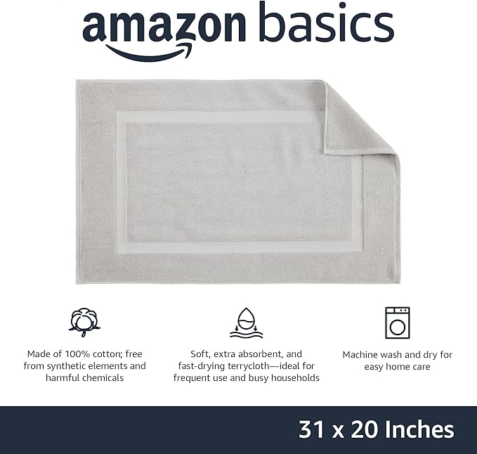 Amazon Basics Banded Bathroom Bath Rug Mat, 100% Cotton, 31 x 20 inches, Soft Silver